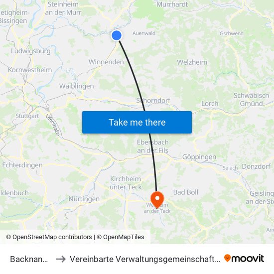 Backnang-Maubach to Vereinbarte Verwaltungsgemeinschaft Der Stadt Weilheim An Der Teck map