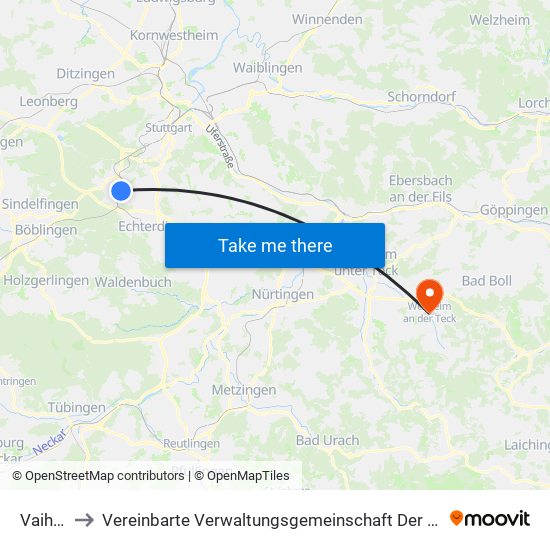 Vaihingen to Vereinbarte Verwaltungsgemeinschaft Der Stadt Weilheim An Der Teck map