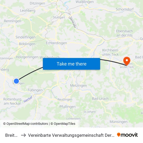 Breitenholz to Vereinbarte Verwaltungsgemeinschaft Der Stadt Weilheim An Der Teck map