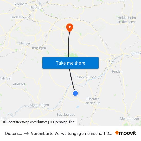 Dietershausen to Vereinbarte Verwaltungsgemeinschaft Der Stadt Weilheim An Der Teck map