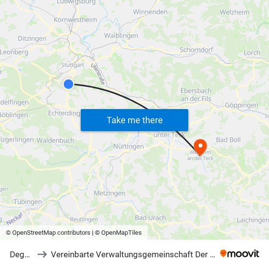 Degerloch to Vereinbarte Verwaltungsgemeinschaft Der Stadt Weilheim An Der Teck map