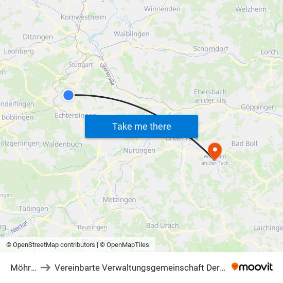 Möhringen to Vereinbarte Verwaltungsgemeinschaft Der Stadt Weilheim An Der Teck map