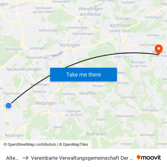 Altenburg to Vereinbarte Verwaltungsgemeinschaft Der Stadt Weilheim An Der Teck map