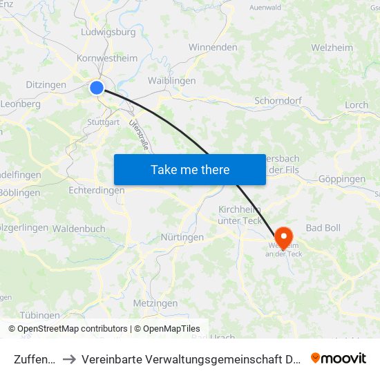 Zuffenhausen to Vereinbarte Verwaltungsgemeinschaft Der Stadt Weilheim An Der Teck map