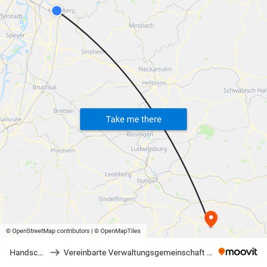 Handschuhsheim to Vereinbarte Verwaltungsgemeinschaft Der Stadt Weilheim An Der Teck map