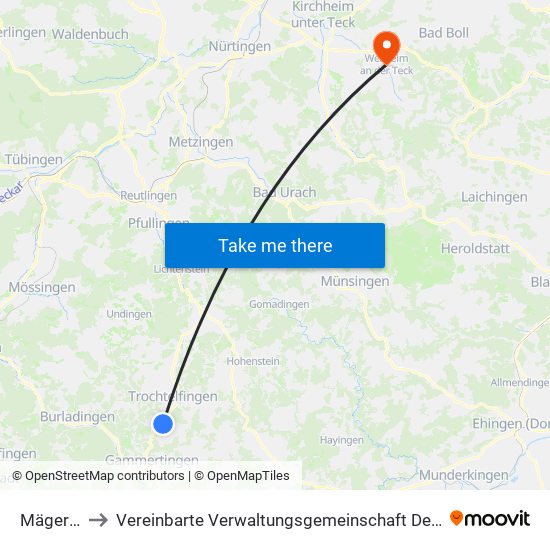 Mägerkingen to Vereinbarte Verwaltungsgemeinschaft Der Stadt Weilheim An Der Teck map