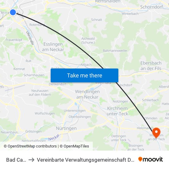 Bad Cannstatt to Vereinbarte Verwaltungsgemeinschaft Der Stadt Weilheim An Der Teck map