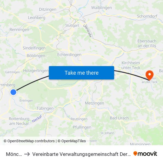 Mönchberg to Vereinbarte Verwaltungsgemeinschaft Der Stadt Weilheim An Der Teck map