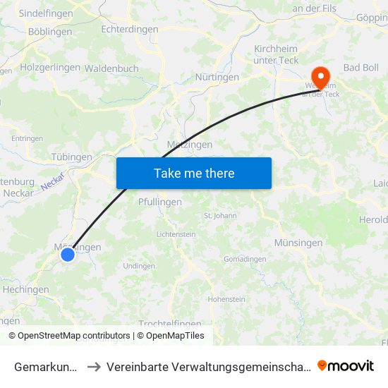 Gemarkung Mössingen to Vereinbarte Verwaltungsgemeinschaft Der Stadt Weilheim An Der Teck map