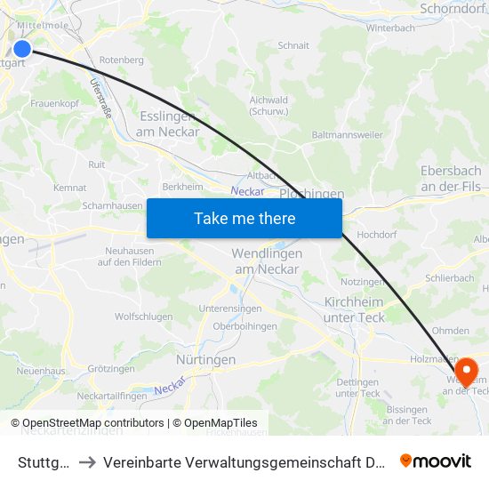 Stuttgart-Ost to Vereinbarte Verwaltungsgemeinschaft Der Stadt Weilheim An Der Teck map