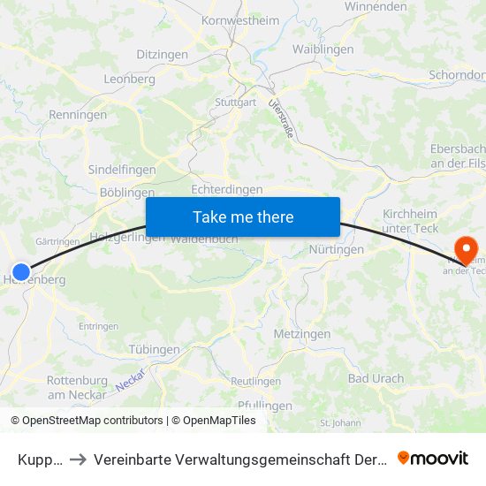 Kuppingen to Vereinbarte Verwaltungsgemeinschaft Der Stadt Weilheim An Der Teck map