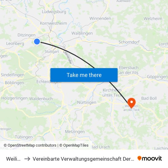 Weilimdorf to Vereinbarte Verwaltungsgemeinschaft Der Stadt Weilheim An Der Teck map