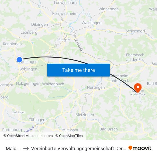 Maichingen to Vereinbarte Verwaltungsgemeinschaft Der Stadt Weilheim An Der Teck map