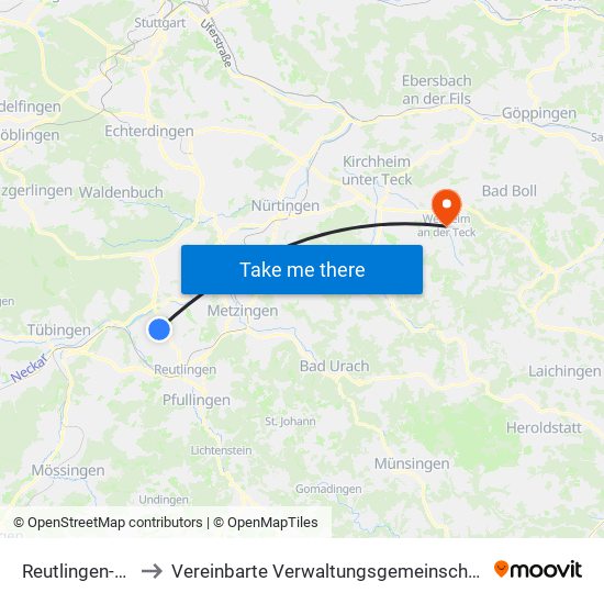 Reutlingen-Sickenhausen to Vereinbarte Verwaltungsgemeinschaft Der Stadt Weilheim An Der Teck map