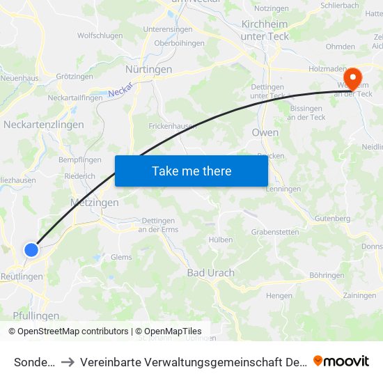 Sondelfingen to Vereinbarte Verwaltungsgemeinschaft Der Stadt Weilheim An Der Teck map