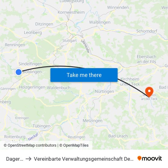Dagersheim to Vereinbarte Verwaltungsgemeinschaft Der Stadt Weilheim An Der Teck map