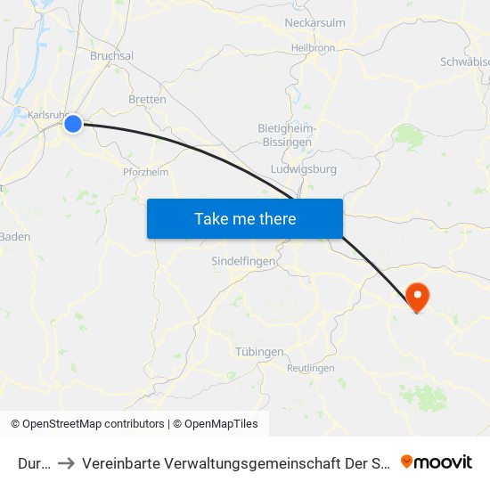 Durlach to Vereinbarte Verwaltungsgemeinschaft Der Stadt Weilheim An Der Teck map