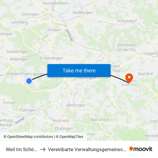 Weil Im Schönbuch (Kernort) to Vereinbarte Verwaltungsgemeinschaft Der Stadt Weilheim An Der Teck map
