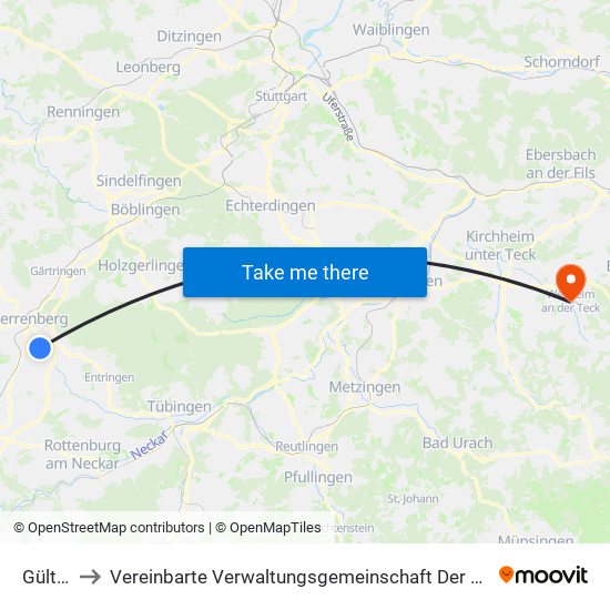 Gültstein to Vereinbarte Verwaltungsgemeinschaft Der Stadt Weilheim An Der Teck map