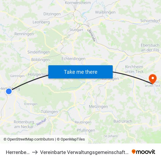 Herrenberg (Stadt) to Vereinbarte Verwaltungsgemeinschaft Der Stadt Weilheim An Der Teck map