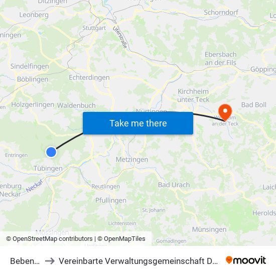 Bebenhausen to Vereinbarte Verwaltungsgemeinschaft Der Stadt Weilheim An Der Teck map