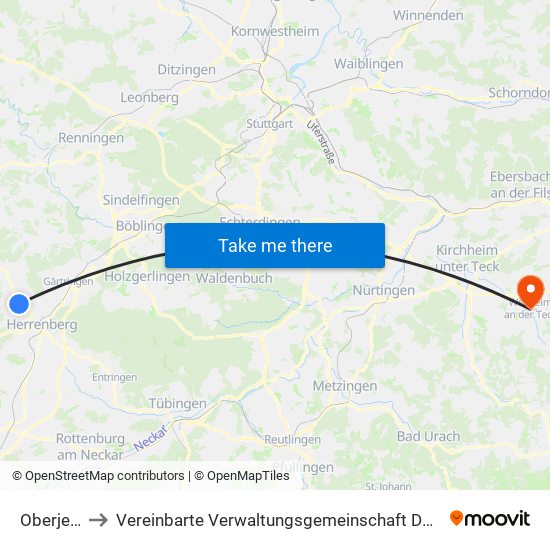 Oberjesingen to Vereinbarte Verwaltungsgemeinschaft Der Stadt Weilheim An Der Teck map