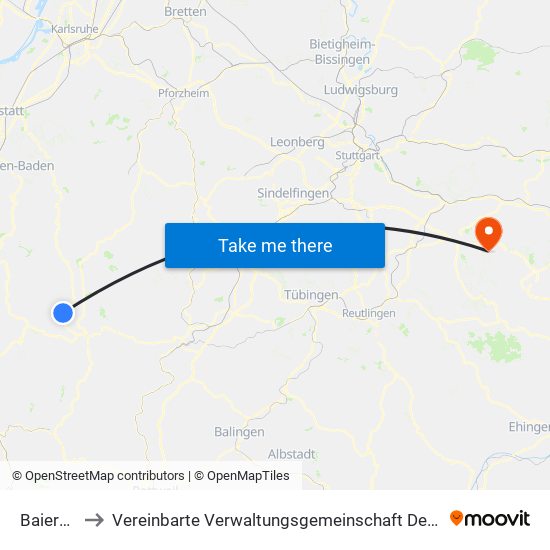 Baiersbronn to Vereinbarte Verwaltungsgemeinschaft Der Stadt Weilheim An Der Teck map