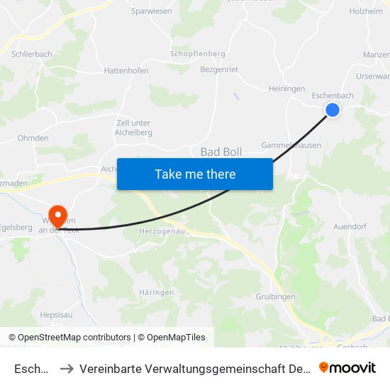 Eschenbach to Vereinbarte Verwaltungsgemeinschaft Der Stadt Weilheim An Der Teck map