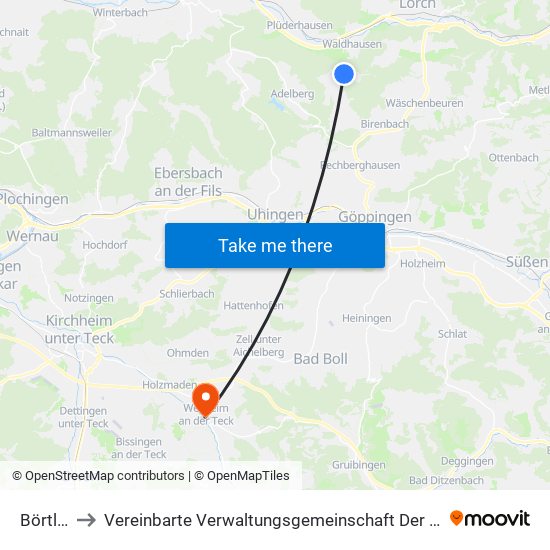 Börtlingen to Vereinbarte Verwaltungsgemeinschaft Der Stadt Weilheim An Der Teck map