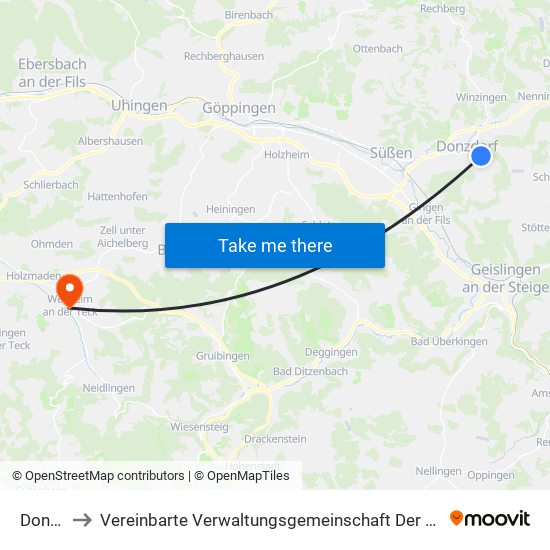 Donzdorf to Vereinbarte Verwaltungsgemeinschaft Der Stadt Weilheim An Der Teck map
