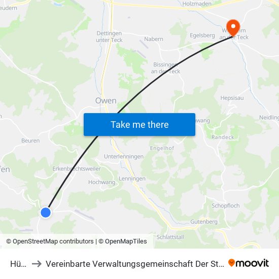 Hülben to Vereinbarte Verwaltungsgemeinschaft Der Stadt Weilheim An Der Teck map