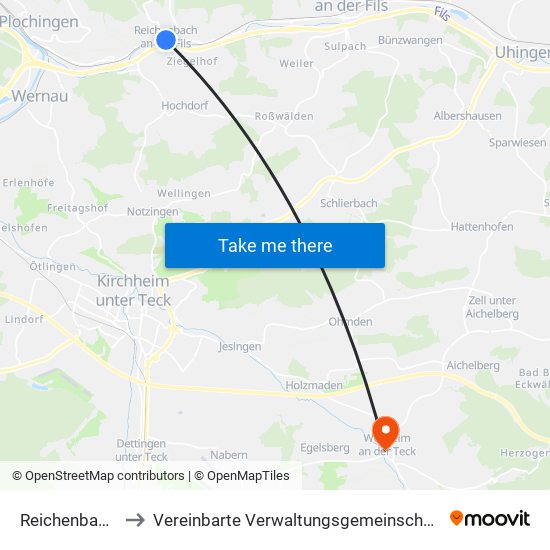 Reichenbach An Der Fils to Vereinbarte Verwaltungsgemeinschaft Der Stadt Weilheim An Der Teck map
