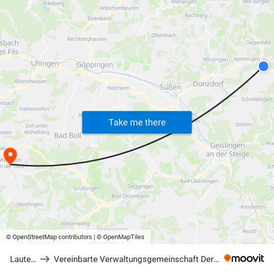 Lauterstein to Vereinbarte Verwaltungsgemeinschaft Der Stadt Weilheim An Der Teck map