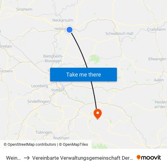 Weinsberg to Vereinbarte Verwaltungsgemeinschaft Der Stadt Weilheim An Der Teck map