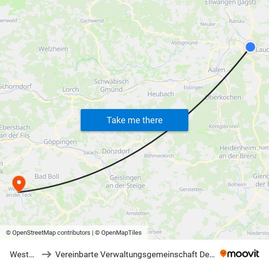 Westhausen to Vereinbarte Verwaltungsgemeinschaft Der Stadt Weilheim An Der Teck map