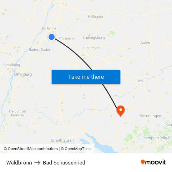Waldbronn to Bad Schussenried map