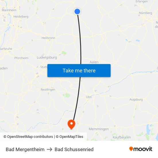 Bad Mergentheim to Bad Schussenried map