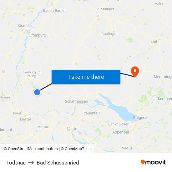 Todtnau to Bad Schussenried map