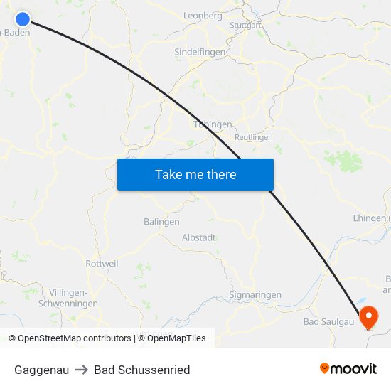Gaggenau to Bad Schussenried map