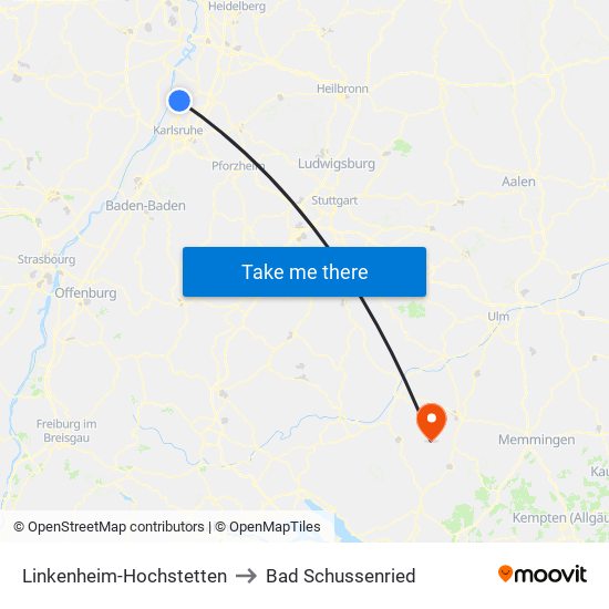 Linkenheim-Hochstetten to Bad Schussenried map