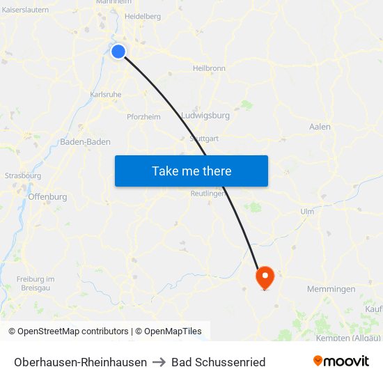 Oberhausen-Rheinhausen to Bad Schussenried map