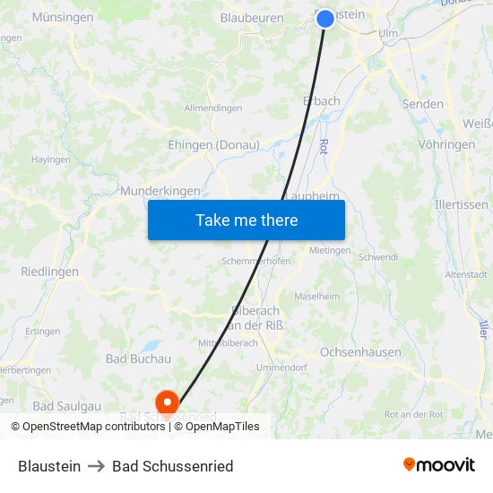 Blaustein to Bad Schussenried map