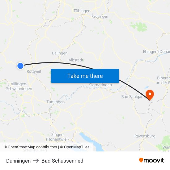 Dunningen to Bad Schussenried map