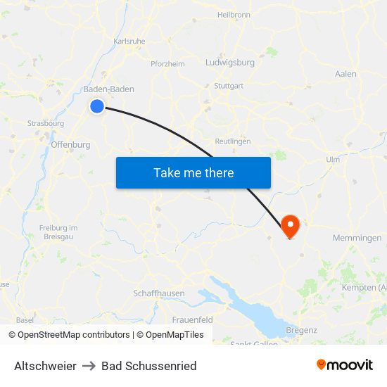 Altschweier to Bad Schussenried map