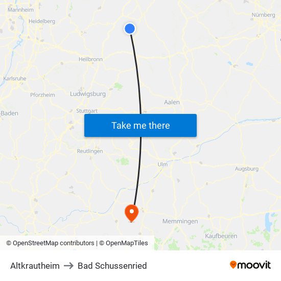 Altkrautheim to Bad Schussenried map
