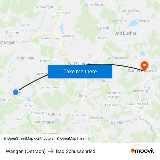 Wangen (Ostrach) to Bad Schussenried map