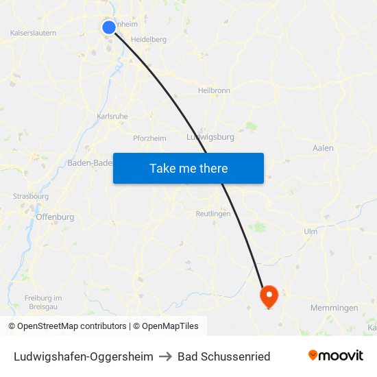 Ludwigshafen-Oggersheim to Bad Schussenried map