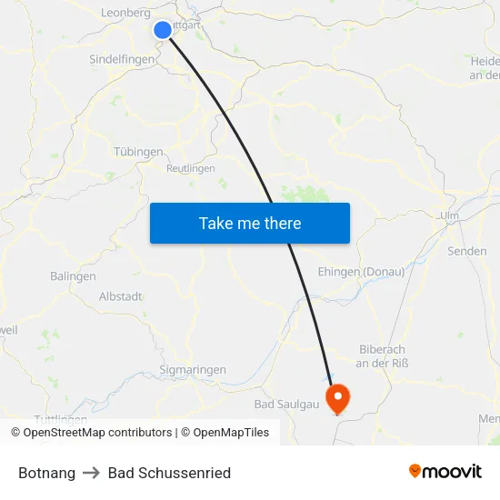 Botnang to Bad Schussenried map