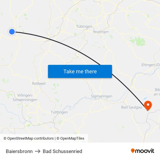 Baiersbronn to Bad Schussenried map
