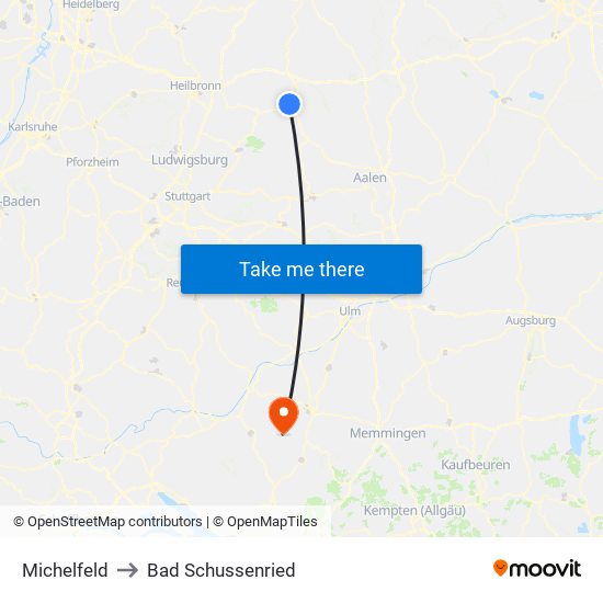 Michelfeld to Bad Schussenried map